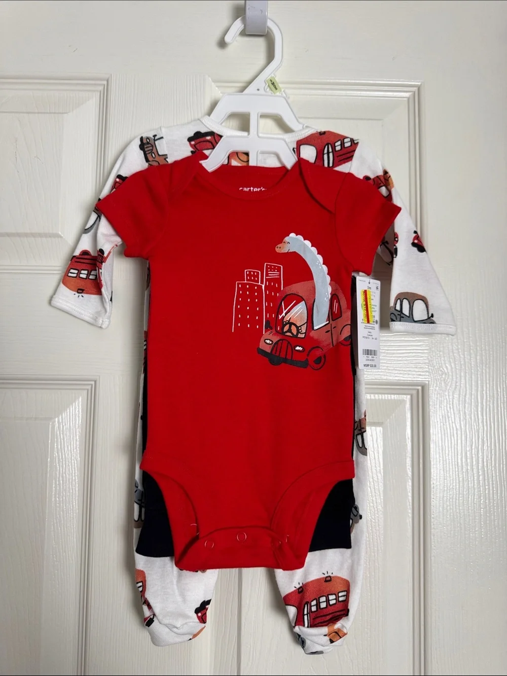 Carter's White Footed One-Piece with Red and Gray Vehicle Print 3 months